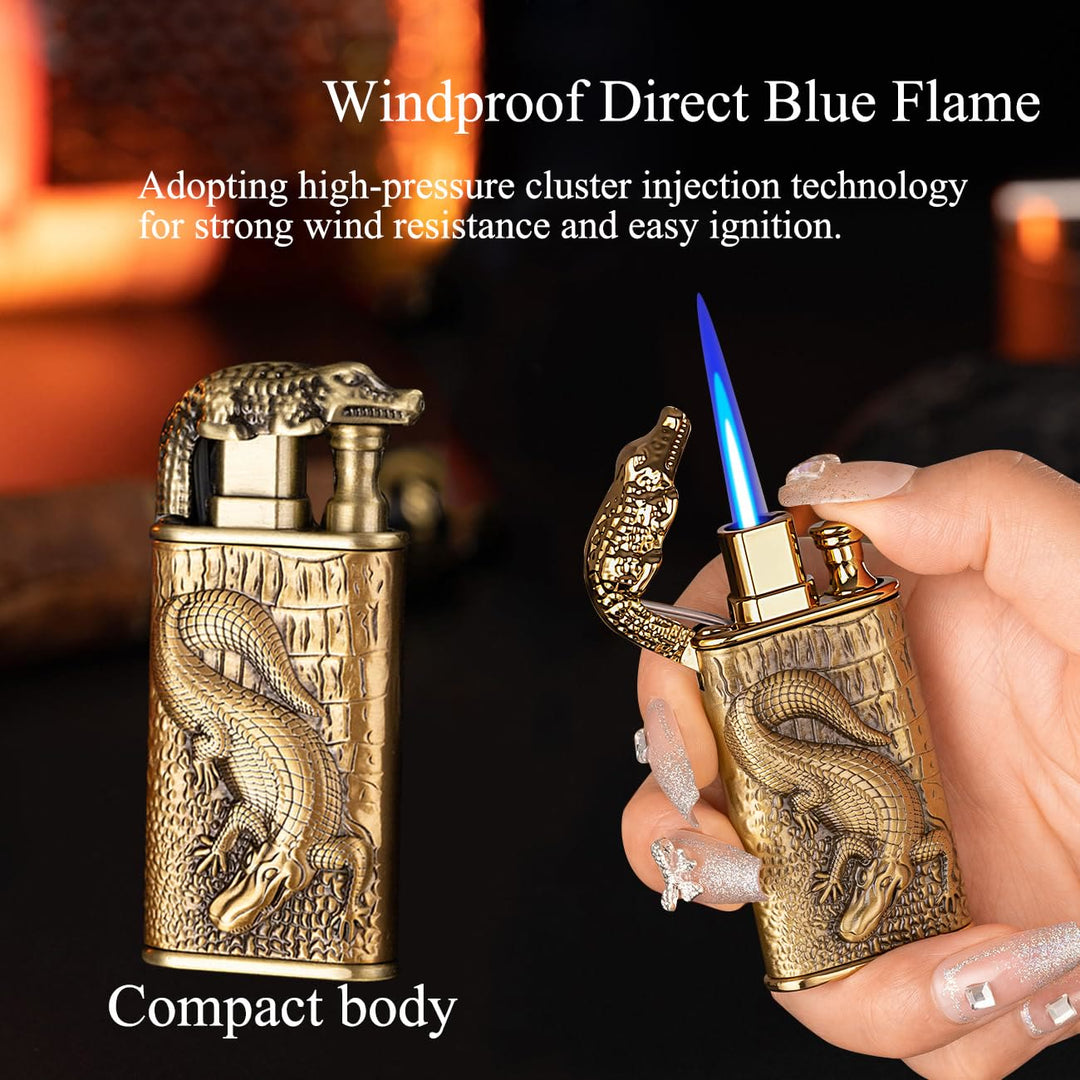Double Flame Embossed Alligator Head Refillable Butane Lighter