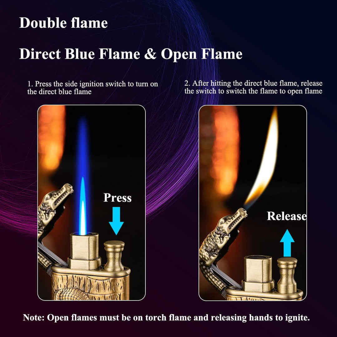 Double Flame Embossed Alligator Head Refillable Butane Lighter - image 3