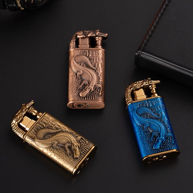 Double Flame Embossed Alligator Head Refillable Butane Lighter