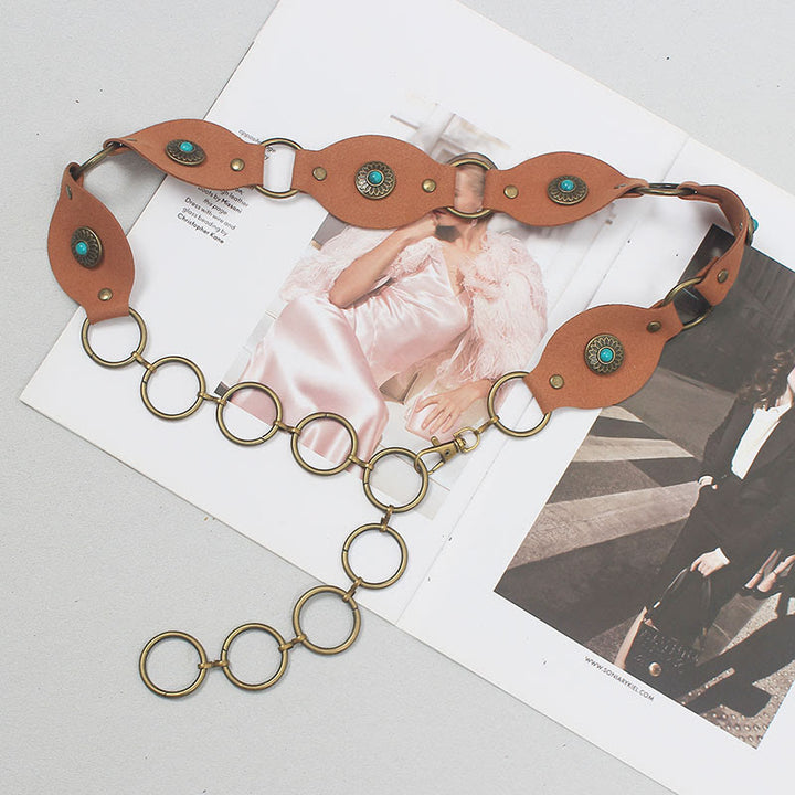 Vintage Turquoise Rivet Belt Metal Clasp Leather Belt - image 14