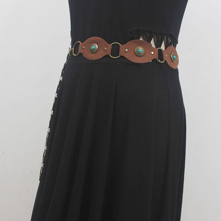 Vintage Turquoise Rivet Belt Metal Clasp Leather Belt - image 3