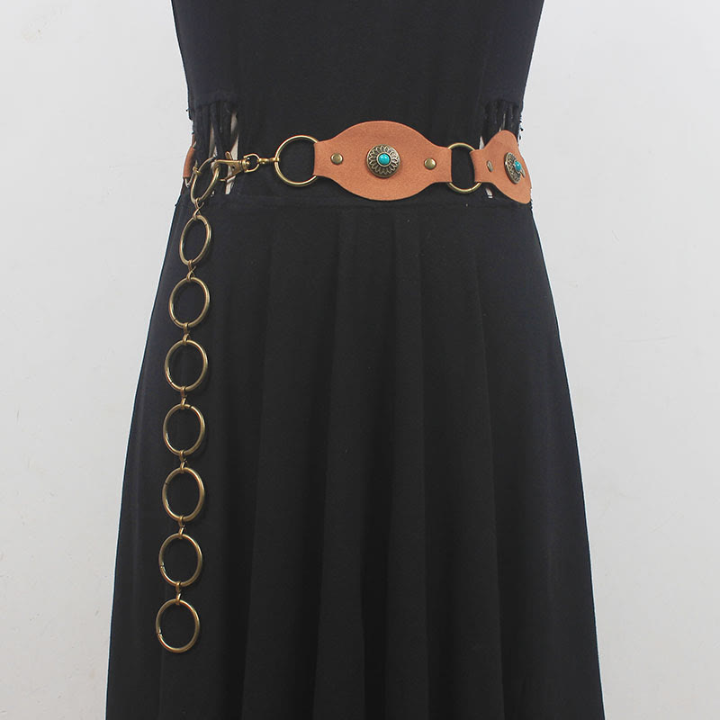 Vintage Turquoise Rivet Belt Metal Clasp Leather Belt - Chocolate - 37.8"/ 96cm (Max, adjustable) - image 0