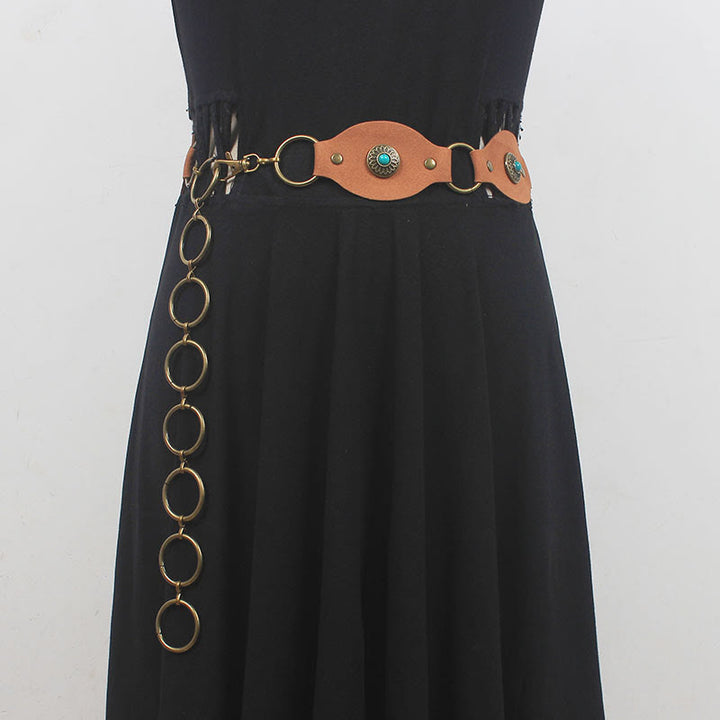 Vintage Turquoise Rivet Belt Metal Clasp Leather Belt - Chocolate - 37.8"/ 96cm (Max, adjustable) - image 0