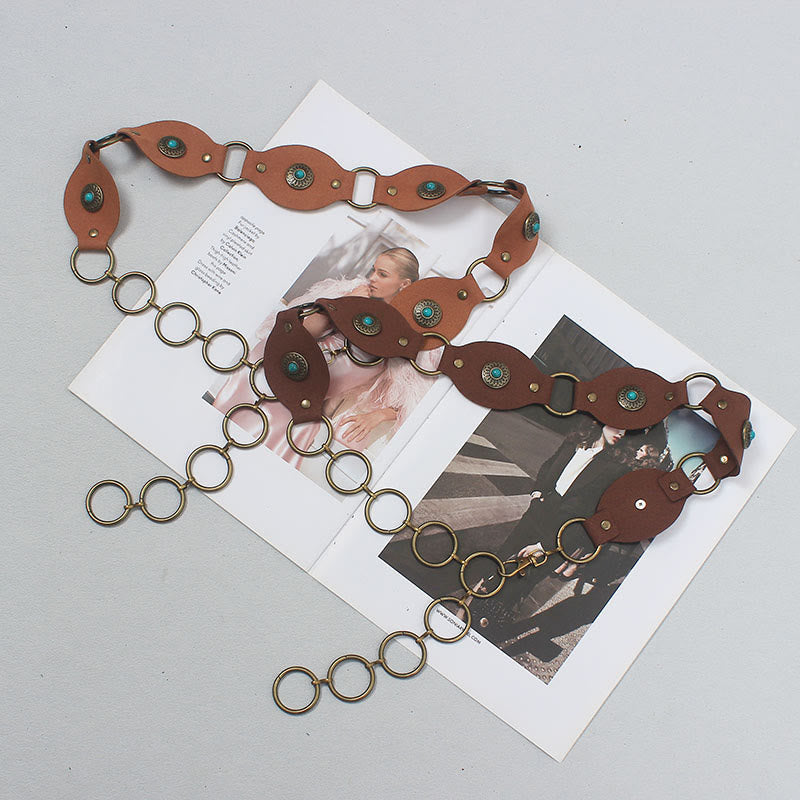 Vintage Turquoise Rivet Belt Metal Clasp Leather Belt - image 6