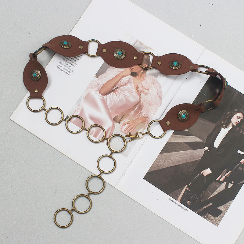 Vintage Turquoise Rivet Belt Metal Clasp Leather Belt