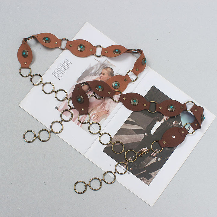 Vintage Turquoise Rivet Belt Metal Clasp Leather Belt - image 6