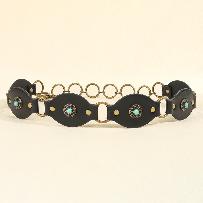 Vintage Turquoise Rivet Belt Metal Clasp Leather Belt - image 8