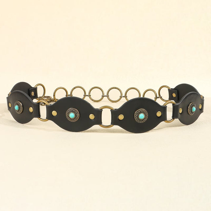 Vintage Turquoise Rivet Belt Metal Clasp Leather Belt - image 8