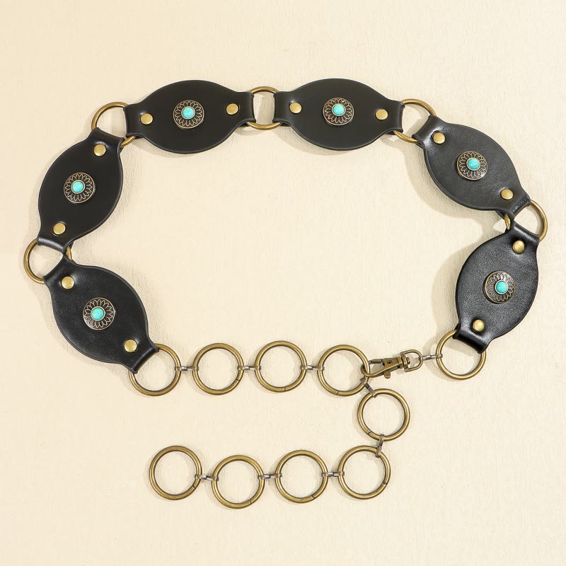 Vintage Turquoise Rivet Belt Metal Clasp Leather Belt - image 7