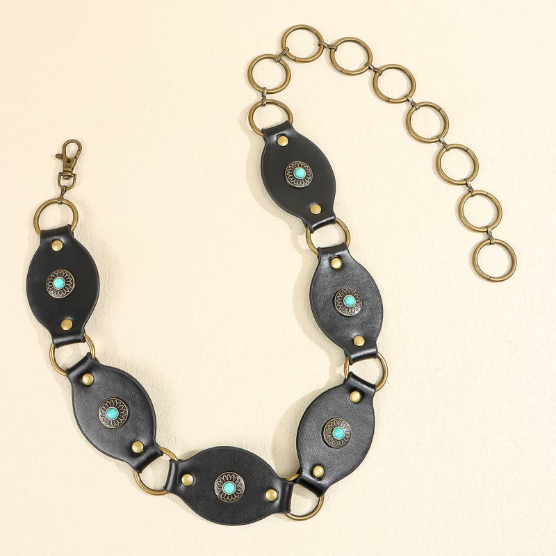 Vintage Turquoise Rivet Belt Metal Clasp Leather Belt