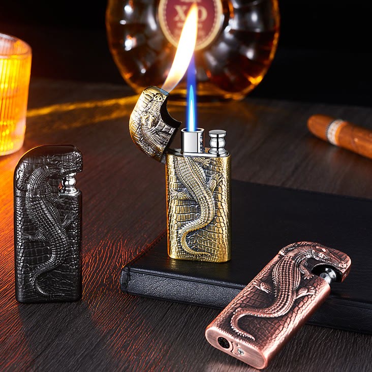 Double Flame Embossed Wild Crocodile Refillable Butane Lighter