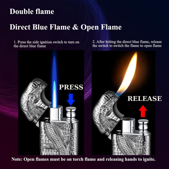 Double Flame Embossed Wild Crocodile Refillable Butane Lighter - image 3