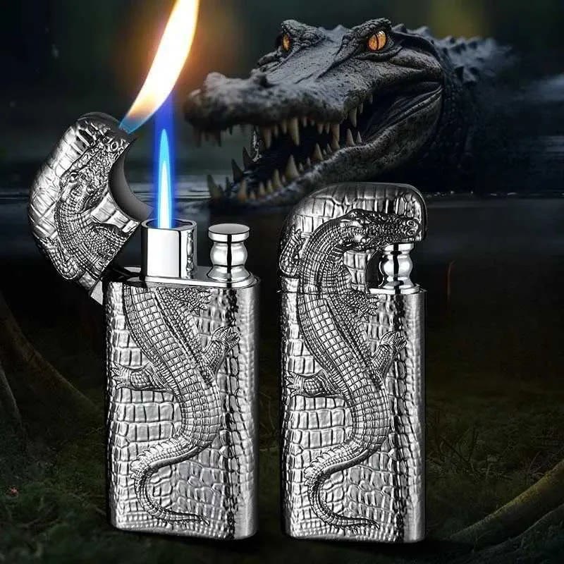 Double Flame Embossed Wild Crocodile Refillable Butane Lighter - Gray - image 0