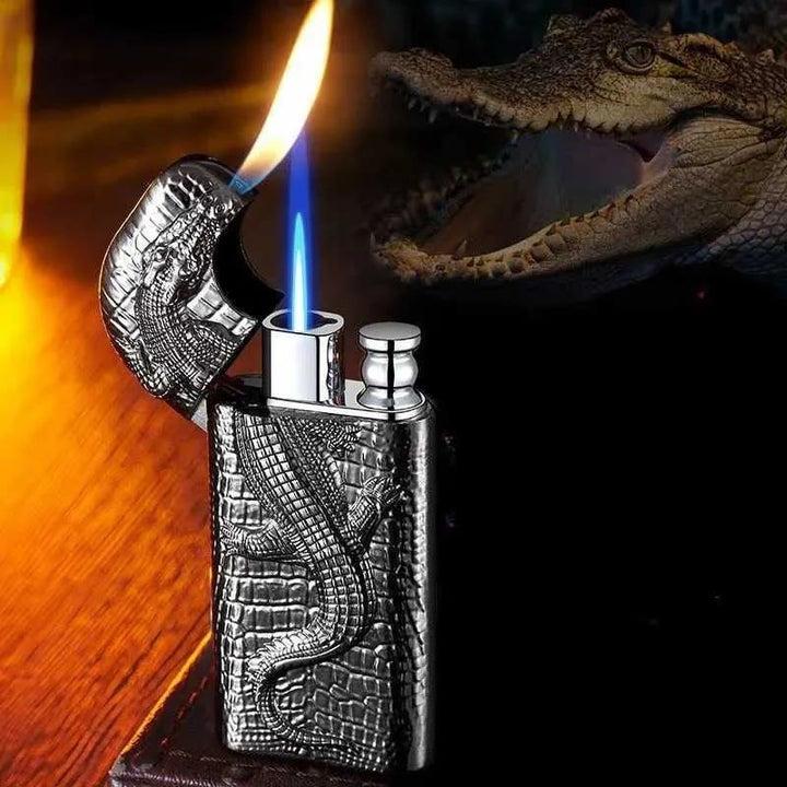 Double Flame Embossed Wild Crocodile Refillable Butane Lighter