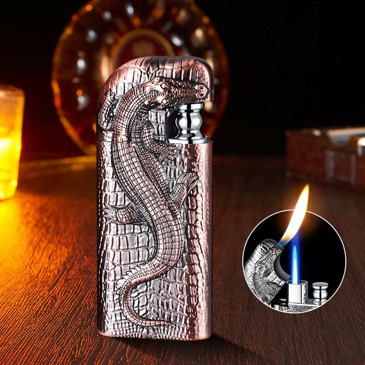 Double Flame Embossed Wild Crocodile Refillable Butane Lighter - Copper - image 12