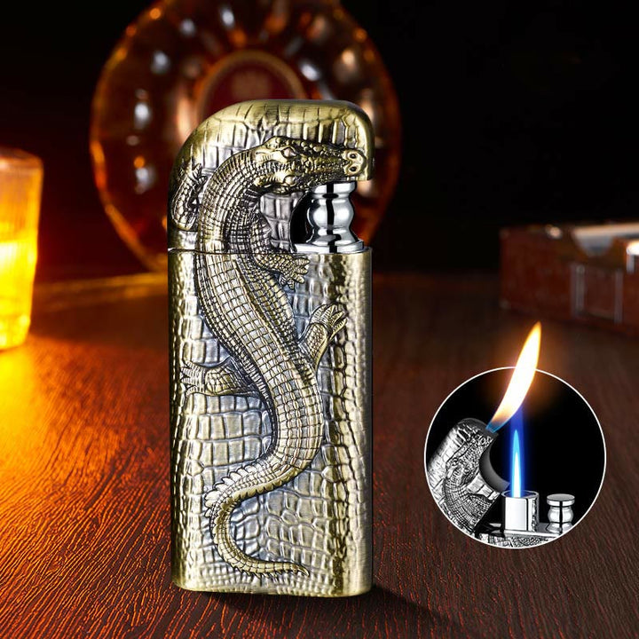 Double Flame Embossed Wild Crocodile Refillable Butane Lighter - Dark Gold - image 15