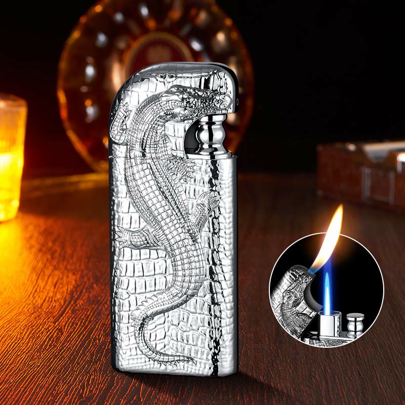 Double Flame Embossed Wild Crocodile Refillable Butane Lighter - Silver - image 18