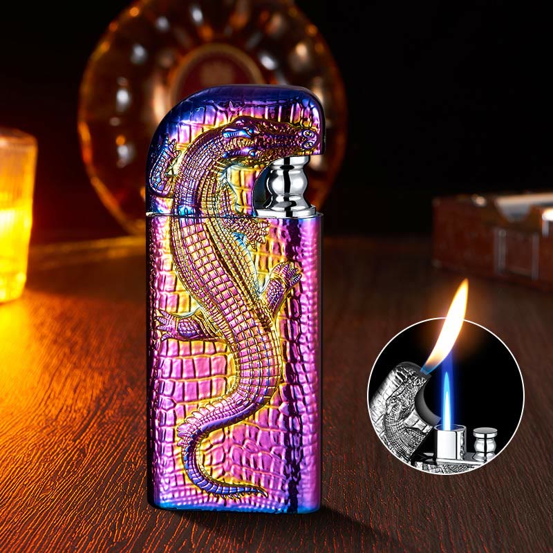 Double Flame Embossed Wild Crocodile Refillable Butane Lighter - Purple - image 11