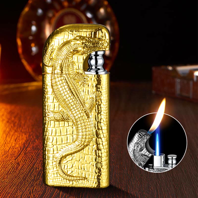 Double Flame Embossed Wild Crocodile Refillable Butane Lighter - Goldenrod - image 14