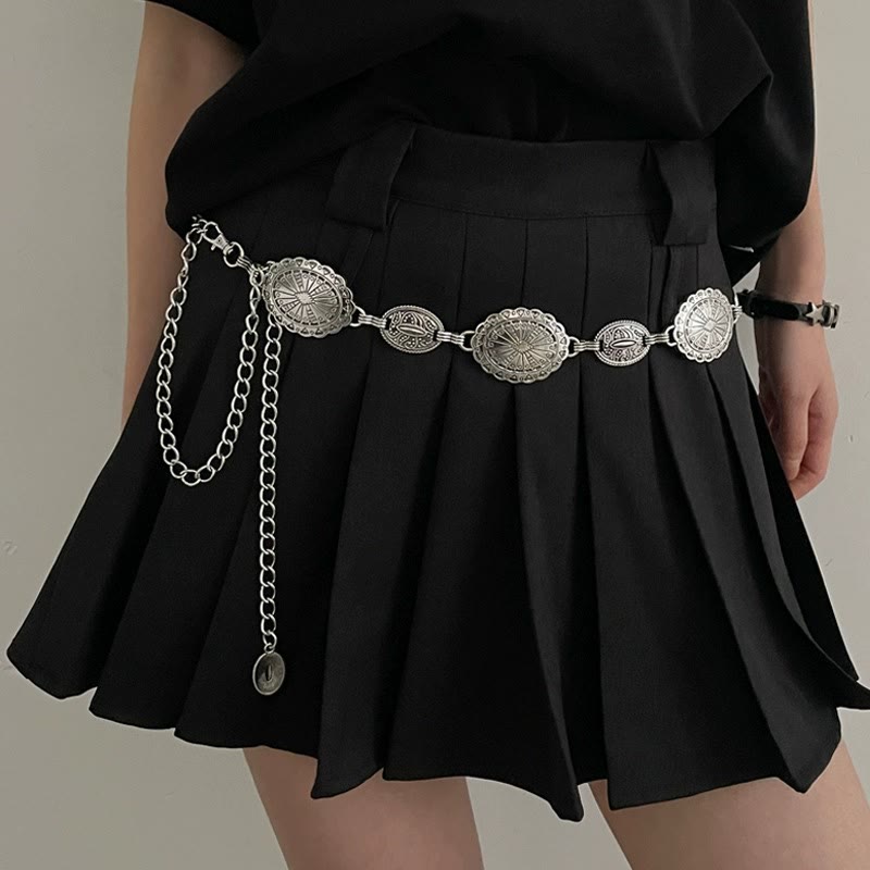 Vintage Ethnic Carved Bohemian Chain Belt Metal Chain - Silver - 49.21"/ 125cm (Max. adjustable) - image 0