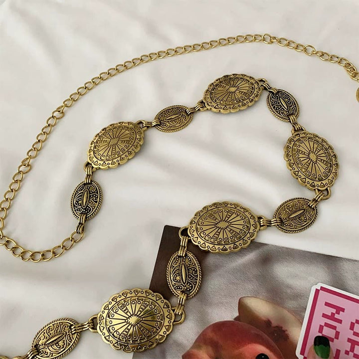 Vintage Ethnic Carved Bohemian Chain Belt Metal Chain - Gold - 49.21"/ 125cm (Max. adjustable) - image 6