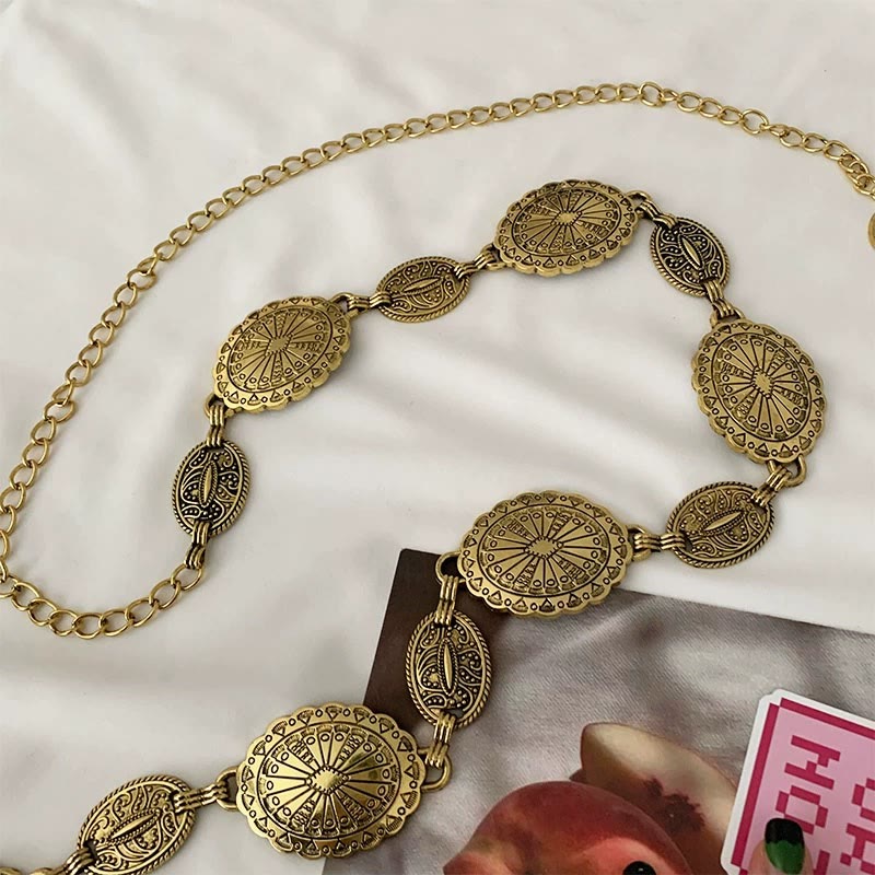 Vintage Ethnic Carved Bohemian Chain Belt Metal Chain - Gold - 49.21"/ 125cm (Max. adjustable) - image 6