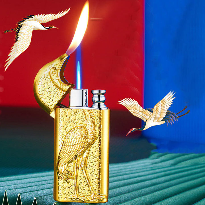 Double Flame Embossed Grus Japonensis Refillable Butane Lighter - Gold - image 0