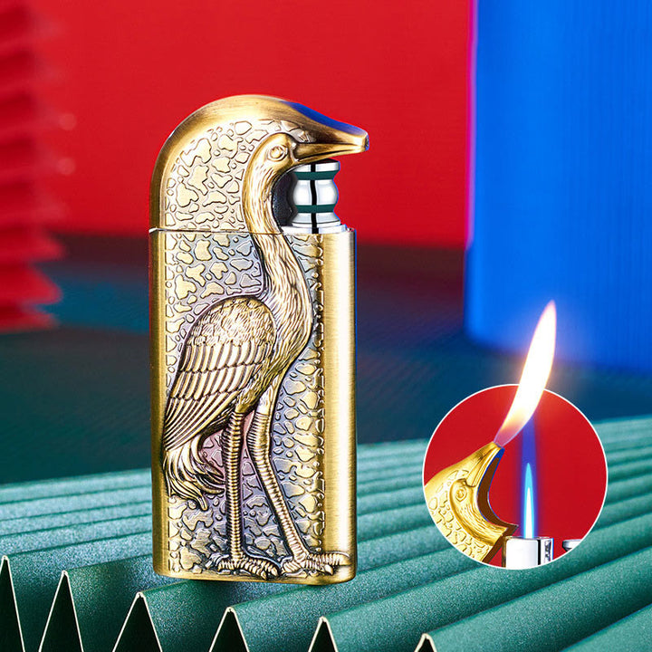 Double Flame Embossed Grus Japonensis Refillable Butane Lighter - Goldenrod - image 16