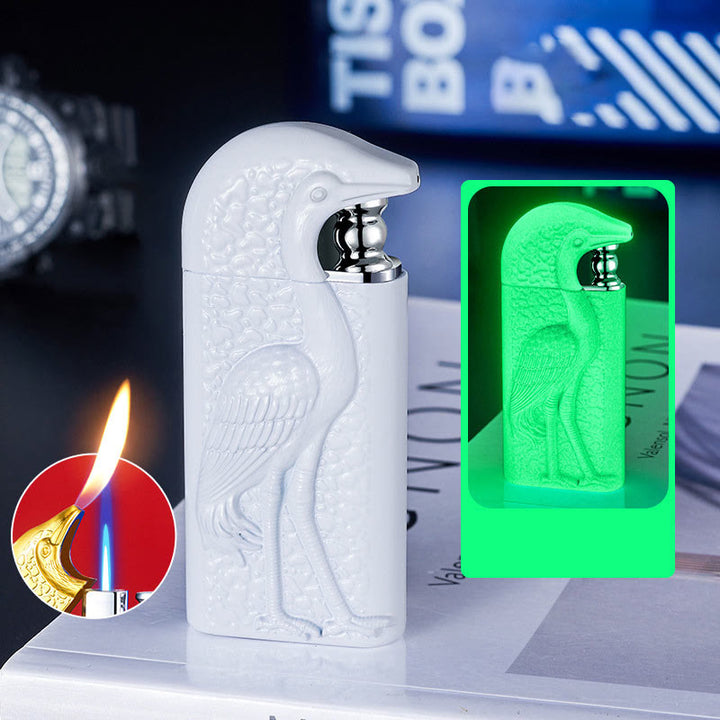 Double Flame Embossed Grus Japonensis Refillable Butane Lighter - White - image 18