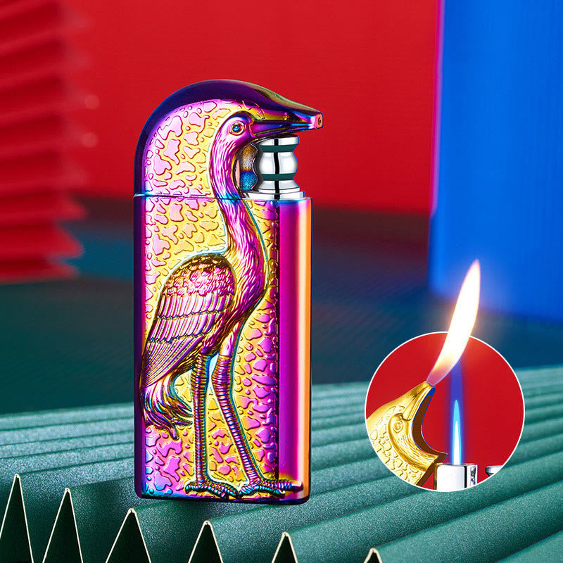 Double Flame Embossed Grus Japonensis Refillable Butane Lighter - Purple - image 12