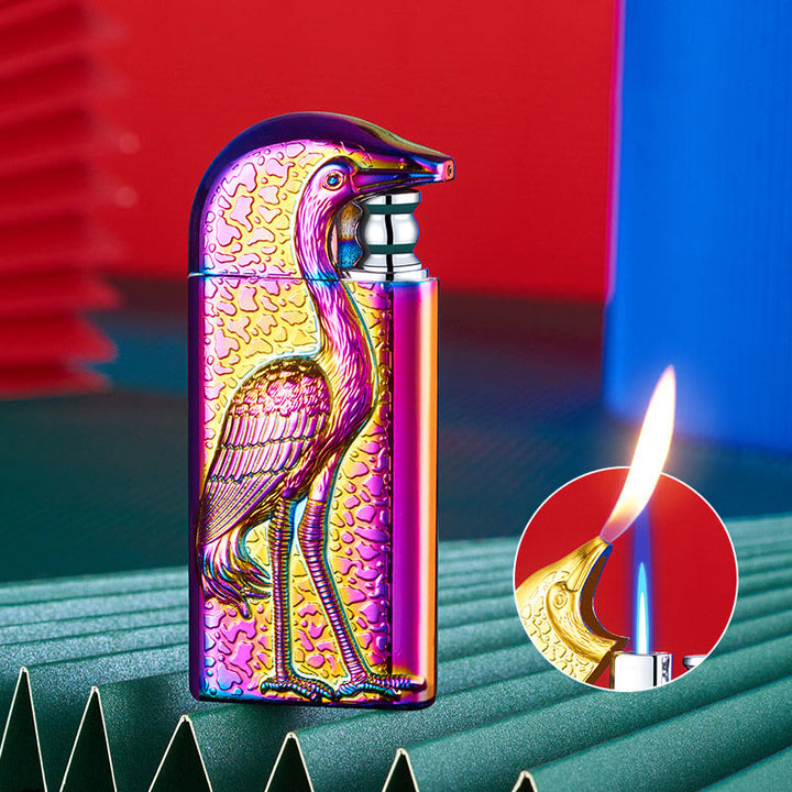 Double Flame Embossed Grus Japonensis Refillable Butane Lighter - Purple - image 12