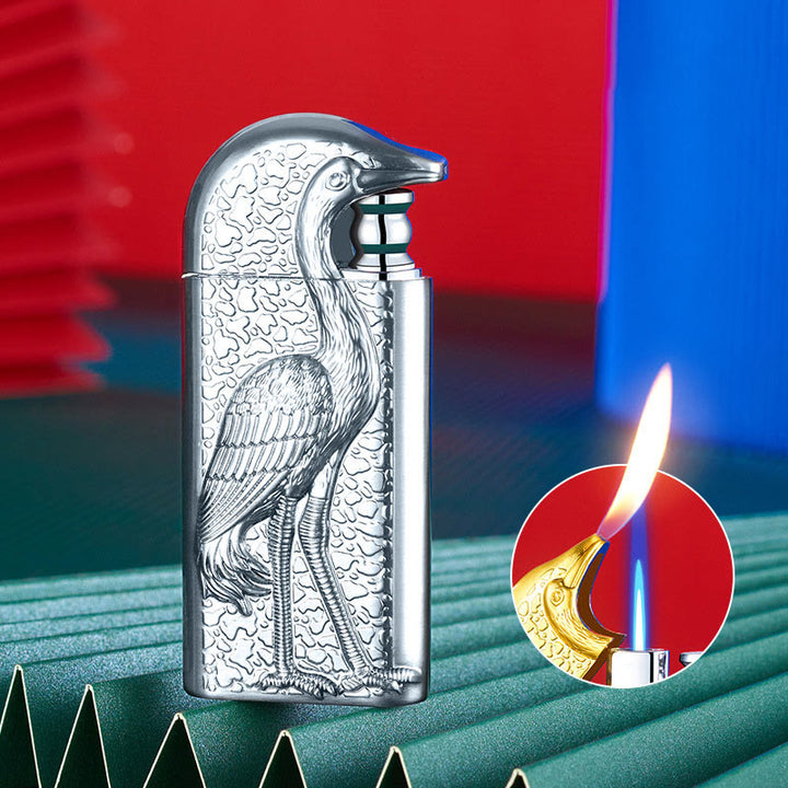 Double Flame Embossed Grus Japonensis Refillable Butane Lighter - Silver - image 19