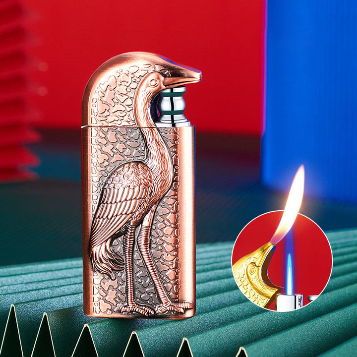 Double Flame Embossed Grus Japonensis Refillable Butane Lighter - Copper - image 13