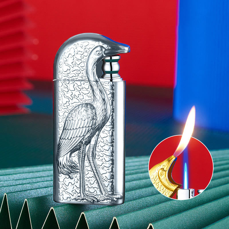 Double Flame Embossed Grus Japonensis Refillable Butane Lighter - Silver - image 19