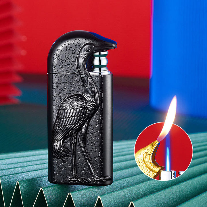 Double Flame Embossed Grus Japonensis Refillable Butane Lighter - Black - image 17
