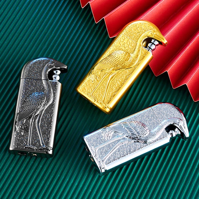 Double Flame Embossed Grus Japonensis Refillable Butane Lighter - image 3