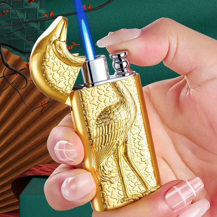Double Flame Embossed Grus Japonensis Refillable Butane Lighter - image 1