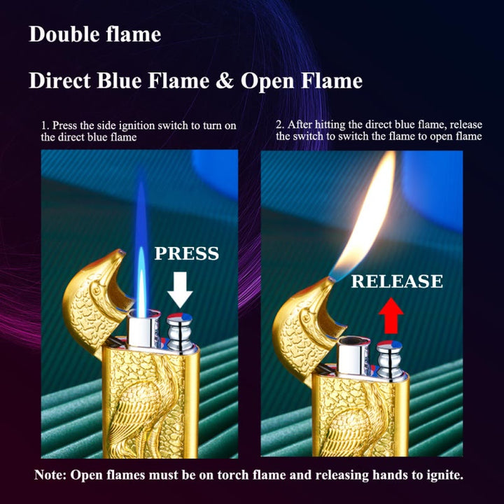 Double Flame Embossed Grus Japonensis Refillable Butane Lighter - image 6