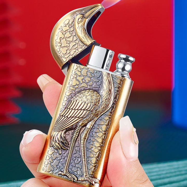 Double Flame Embossed Grus Japonensis Refillable Butane Lighter - image 5