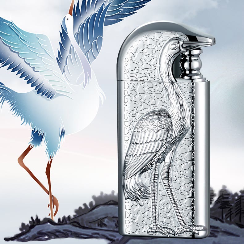 Double Flame Embossed Grus Japonensis Refillable Butane Lighter - image 2