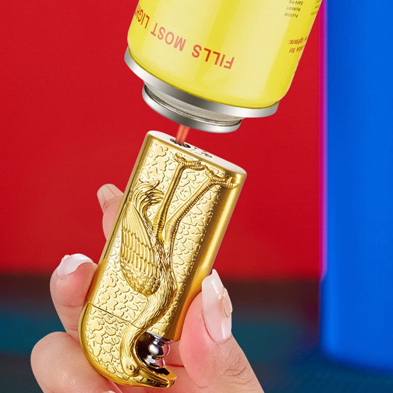 Double Flame Embossed Grus Japonensis Refillable Butane Lighter