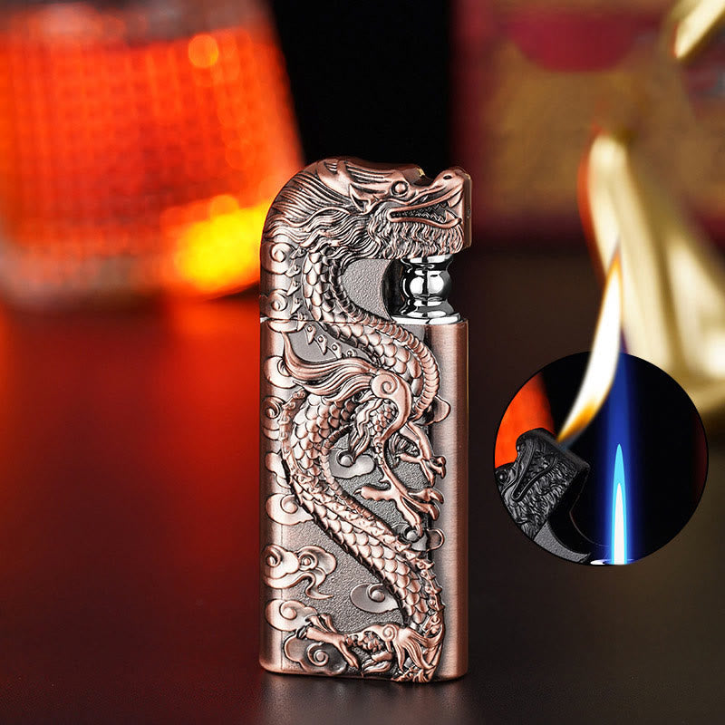 Double Flame Embossed Vivid Dragon Refillable Butane Lighter