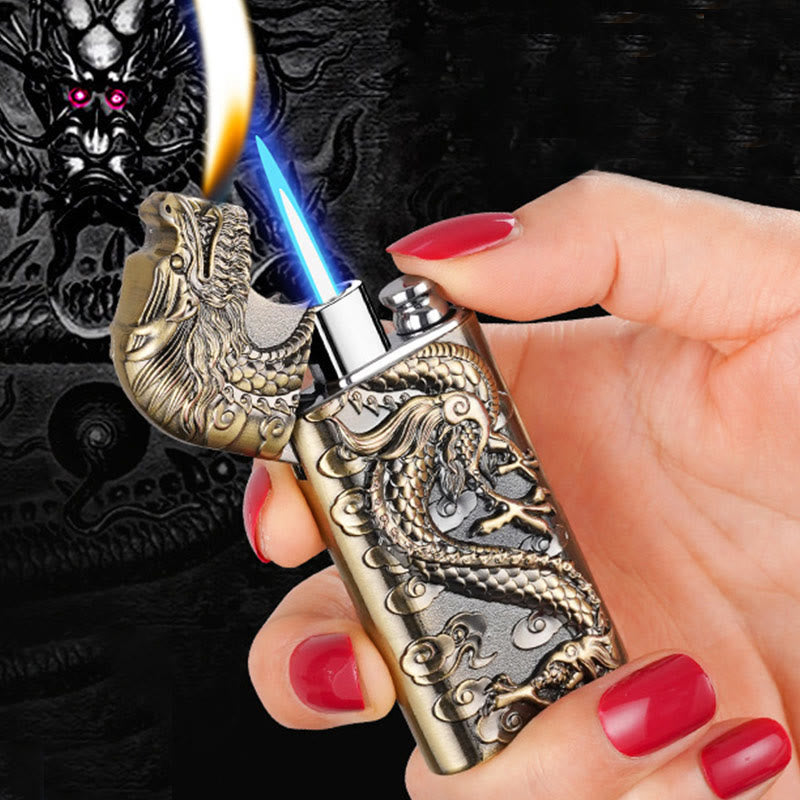 Double Flame Embossed Vivid Dragon Refillable Butane Lighter - Goldenrod - image 0