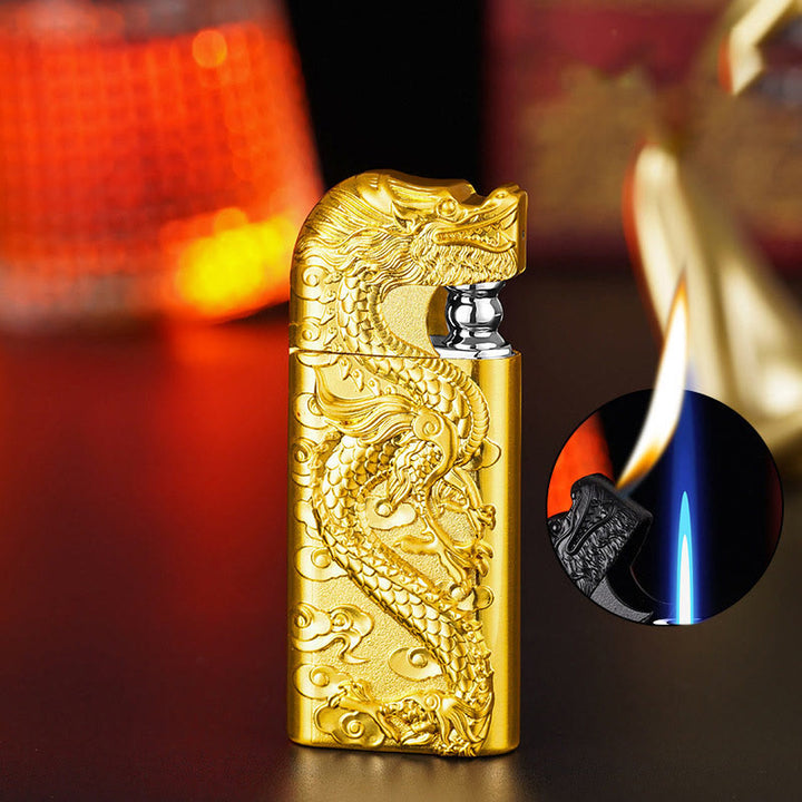 Double Flame Embossed Vivid Dragon Refillable Butane Lighter