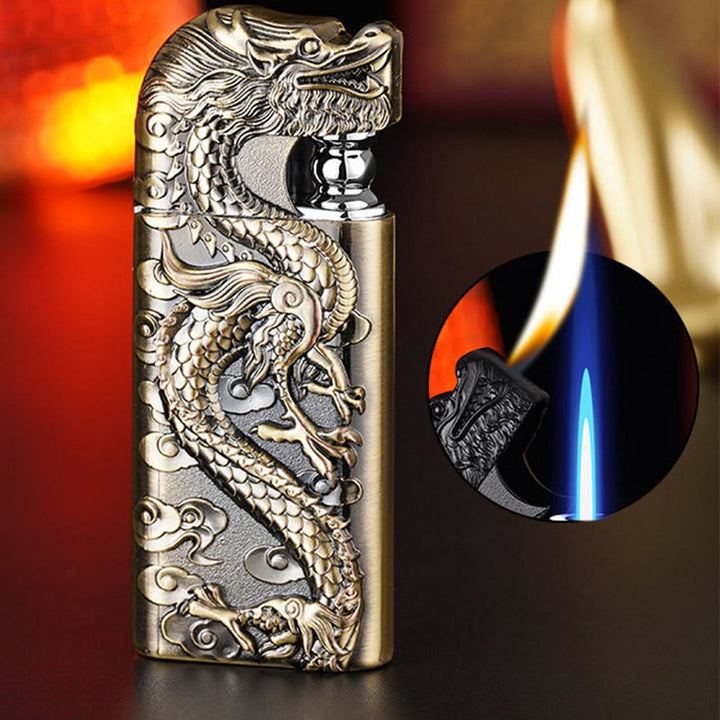 Double Flame Embossed Vivid Dragon Refillable Butane Lighter