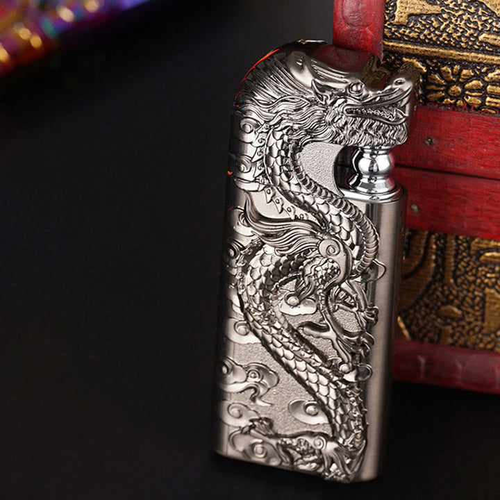 Double Flame Embossed Vivid Dragon Refillable Butane Lighter