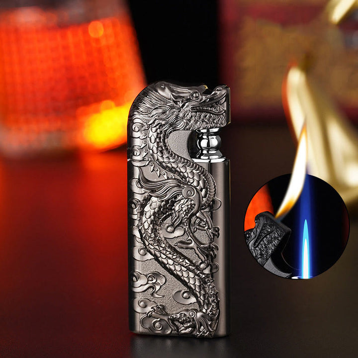 Double Flame Embossed Vivid Dragon Refillable Butane Lighter - Gray - image 16