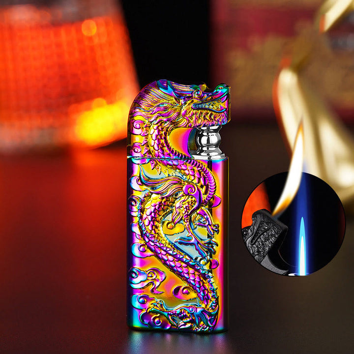 Double Flame Embossed Vivid Dragon Refillable Butane Lighter