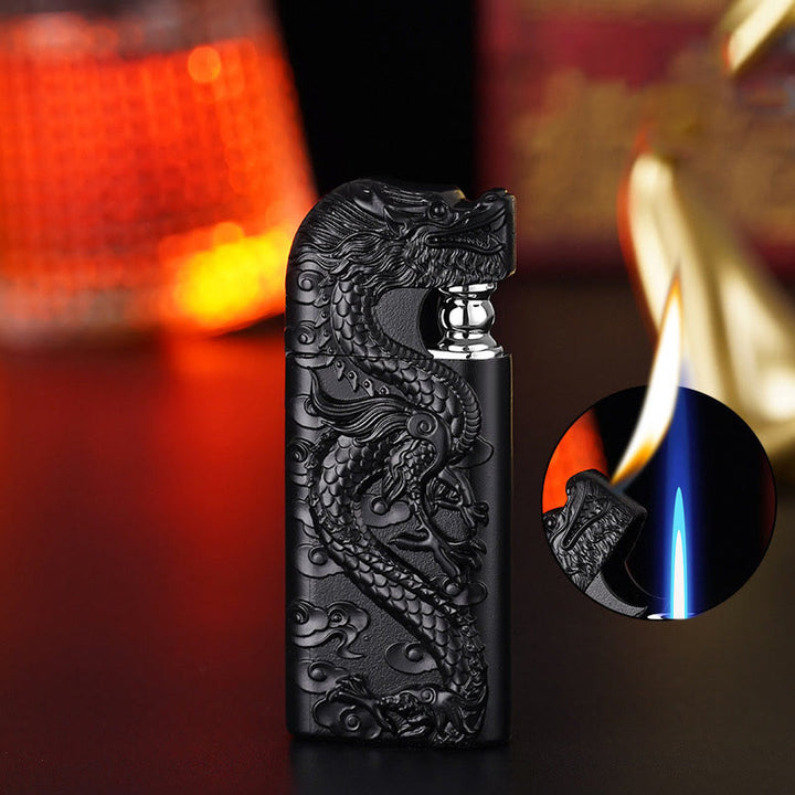 Double Flame Embossed Vivid Dragon Refillable Butane Lighter - Black - image 18