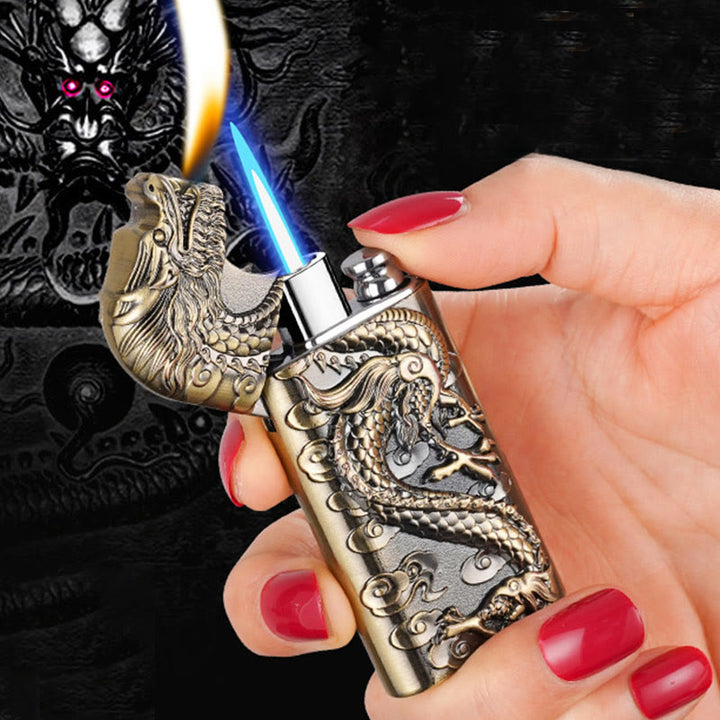 Double Flame Embossed Vivid Dragon Refillable Butane Lighter - Goldenrod - image 0